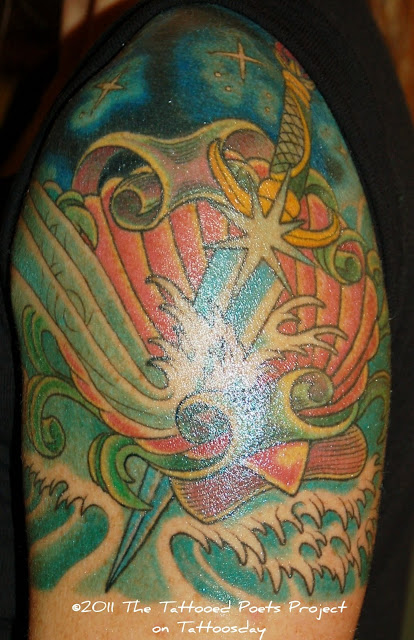 Kimberly credits this bright colorful work to artist Erik Rieth, co-owner of Seventh Son Tattoo in San Francisco