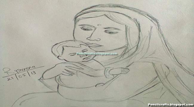 Mother And Child Drawing Hd