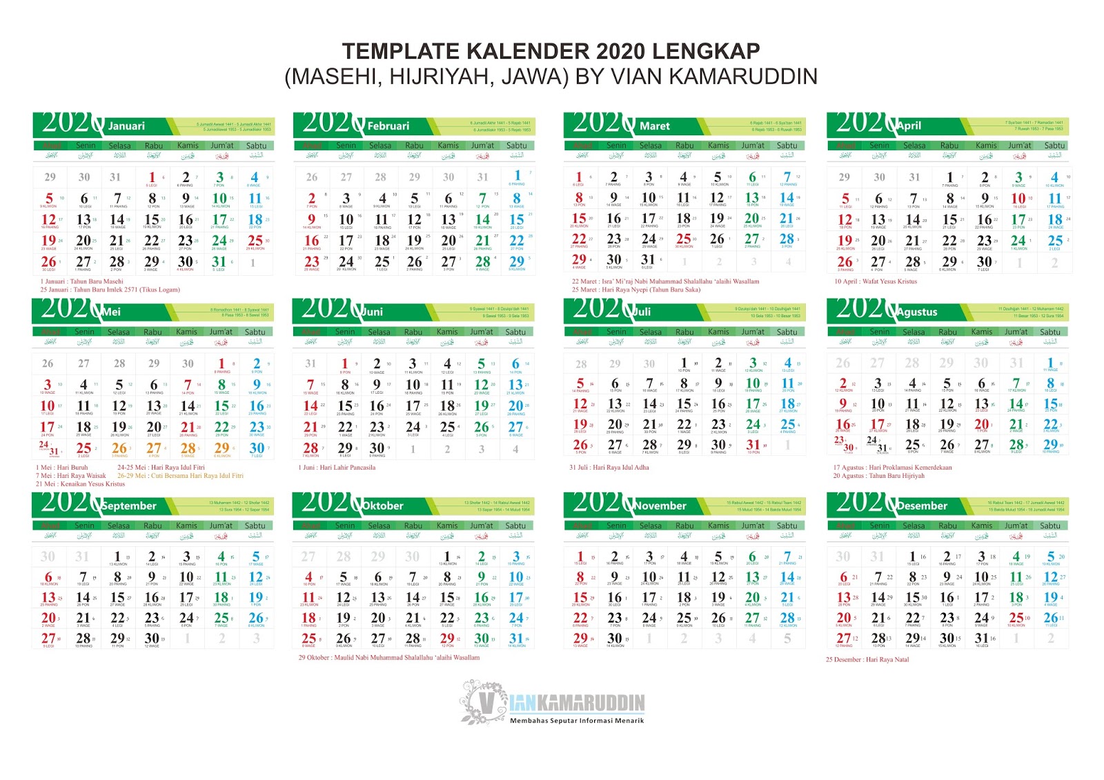  Kalender Indonesia Tahun 2020 CDR JPG PDF Masehi Hijriyah Jawa