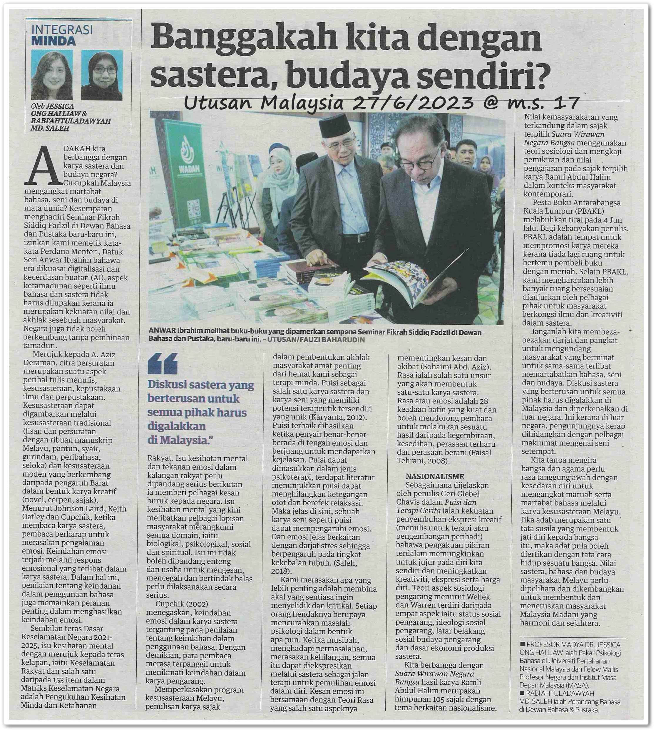 Banggakah kita dengan sastera, budaya sendiri?  - Keratan akhbar Utusan Malaysia 27 Jun 2023