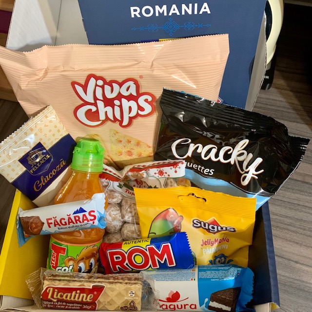 Contents of a Romanian themed snack box