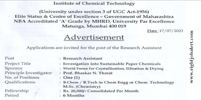Research Assistant Chemical Engineering Job Opportunities in Institute of Chemical Technology Mumbai