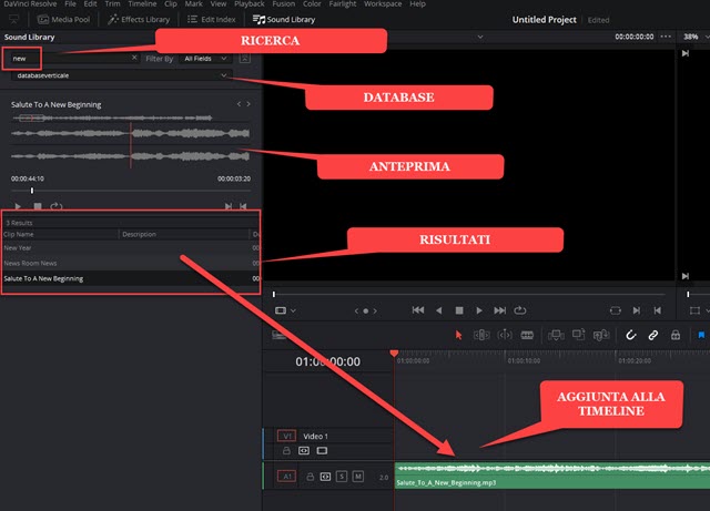 ricerca dei brani e aggiunta alla timeline