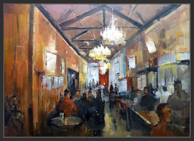 CAFETERIA-PINTURA-INTERIOR-PROFUNDIDAD-GENTE-VIGAS-MADERA-CUADROS-INTERIORES-CAFETERIAS-PINTOR-ERNEST DESCALS-