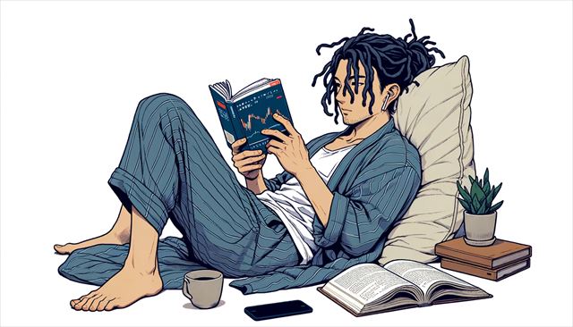 Create a wide illustration of a casual Japanese man with dreadlocks, spending a lazy Sunday lounging and reading a book about stock trading. The scene captures him lying down, relaxed, with a book open in front of him. Include a peaceful and simple setting that emphasizes rest and personal education. The illustration should be minimalist, showing the man in a contemplative state as he tries to understand complex trading concepts. His casual attire and the serene environment should reflect his day off from the usual hustle.
