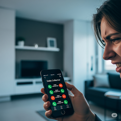 Frustrated person looking at phone with missed calls from debt collector.