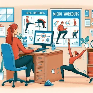 Illustration depicting a person seamlessly integrating micro workouts into their workday – desk stretches, chair squats, and discreet leg exercises