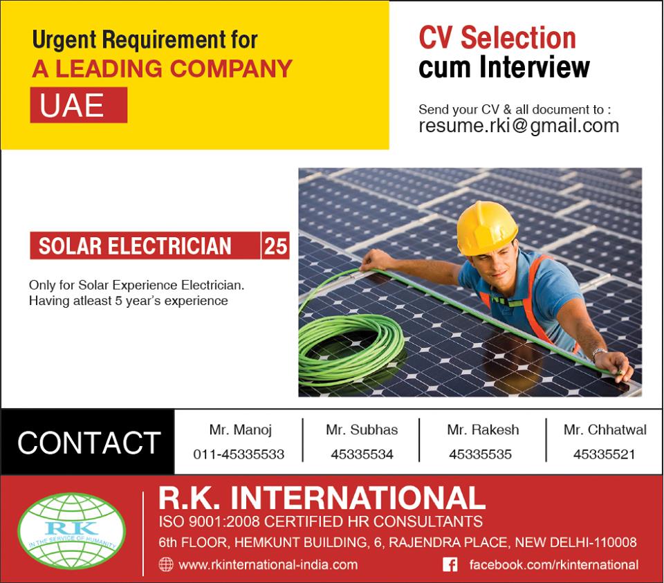 Solar Electrician for UAE CV Selection