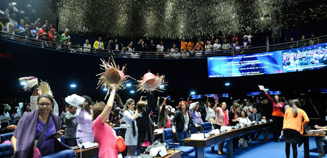 Ao mesmo tempo em que 70 mil mulheres de todo o País e de várias partes da América Latina marchavam rumo ao Congresso, parte delas lotou o Plenário do Senado Federal, apresentando suas causas e defendendo a legalidade democrática e mais dignidade para trabalhadores e trabalhadoras brasileiros do campo, das florestas e das áreas urbanas.

Representando a Marcha das Margaridas, a secretária de Mulheres Trabalhadoras Rurais da Contag (entidade responsável pelo evento) Carmen Foro afirmou que a marcha é um marco, “é o dia em que mulheres do campo e das florestas afirmam que não aceitam retrocessos e querem mais democracia e mais dignidade para o povo. Viva a Marcha das Margaridas, viva a ousadia das mulheres brasileiras.”