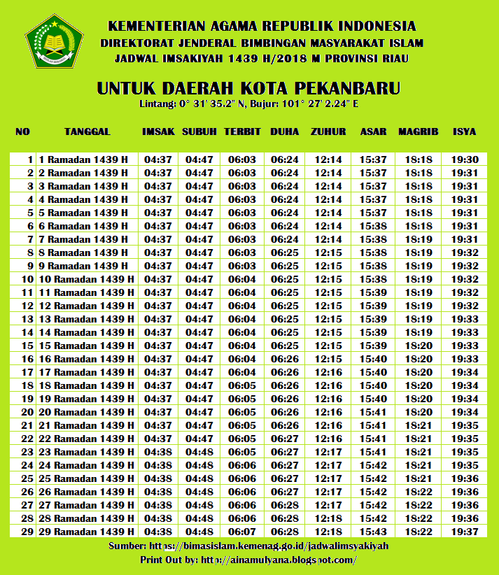 JADWAL IMSAKIYAH RAMADHAN 2018 (1439 H) SELURUH KOTA DI 