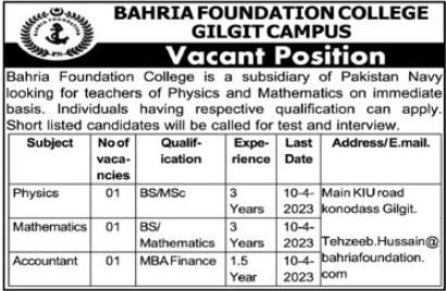 Bahria Foundation College Gilgit Jobs 2023