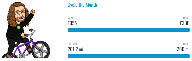 A screenshot showing that I raised £355 in total after cycling a total of 201.2 miles.