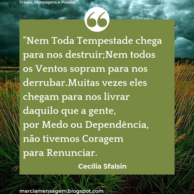 "Nem Toda Tempestade chega para nos destruir;Nem todos os Ventos sopram para nos derrubar.Muitas vezes eles chegam para nos livrar daquilo que a gente, por Medo ou Dependência, não tivemos Coragem para Renunciar.  Cecília Sfalsin 