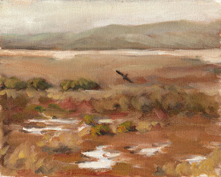 Oil painting of a marshy wetlands with distant hills and a bird in flight.