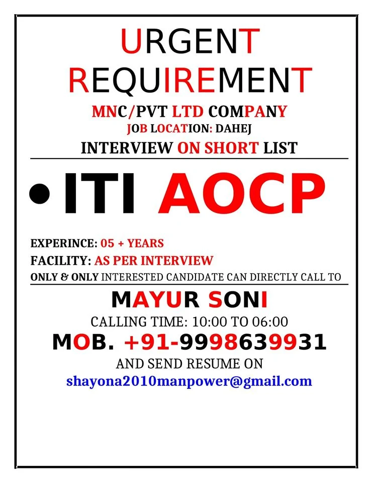 Urgent Requirement ITI Fitter, Welder, AOCP in Gujarat