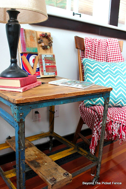 industrial, side table, metal wheels, habitat for humanity, salvaged, rustic decor, love sign, assembled, reclaimed,http://bec4-beyondthepicketfence.blogspot.com/2016/01/love-in-bits-pieces.html 