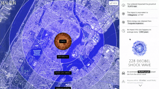 an animated map visualizing a 1 mile fireball superimposed on New York