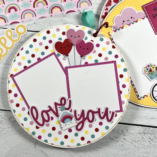Round Valentine's Day Scrapbook Album Page with polka dots and heart shaped balloons