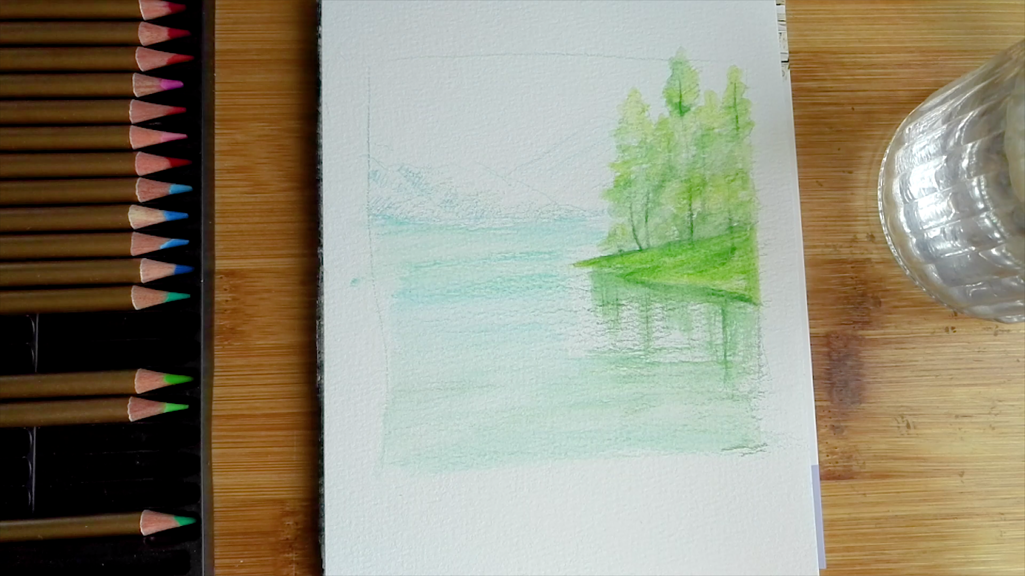 How to draw watercolor pencil lake landscape tutorial