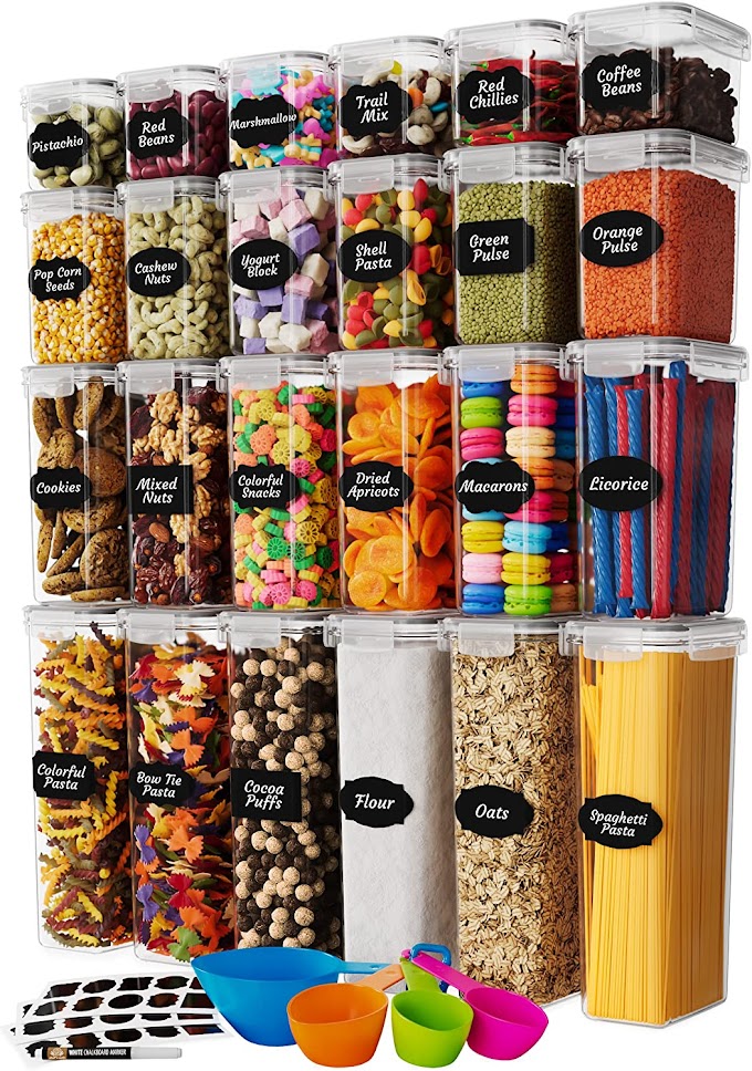 Airtight Food Storage Containers Set with Lids (24 Pack) for Kitchen and Pantry Organization - BPA Free Kitchen Canisters for Cereal, Rice, Flour & Oats - Free Marker and 24 Labels