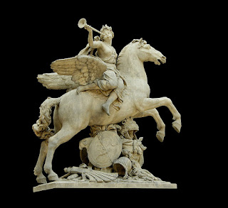 A olympian god seated on Pegasus, a flying horse