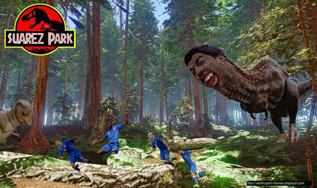 Luis Suarez Jurassic Park II Luis Suarez 'bites' Memy i bardzo śmieszne obrazki z napisami na fejsa z internetu. Giorgio Chiellini in Uruguay vs Italy World Cup Luis Suarez PARK memes