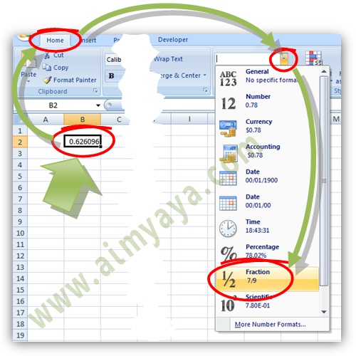 Bilangan cuilan secara default ditampilkan dalam bentuk desimal atau angka dibelakang kom Cara Membuat Format Pecahan di Ms Excel