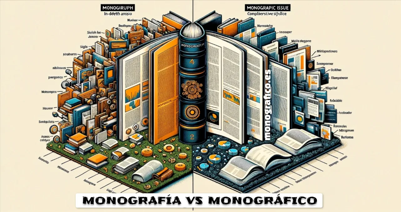 La imagen refleja las diferencias entre una monografía y un número monográfico. A la izquierda, puedes ver la representación de una monografía con su análisis en profundidad, mientras que a la derecha, se representan las variadas contribuciones de un número monográfico.