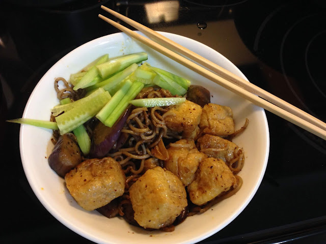 Puffy tofu and eggplant over soba noodles.