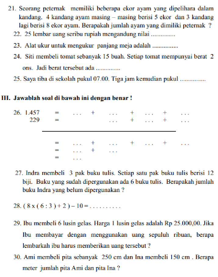 Latihan Soal PAS Matematika Kelas 3 SD MI Semester 1