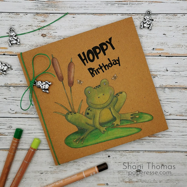 One layer Hoppy Birthday card colored with Caran d'Ache Luminance pencils on kraft paper, by Paperesse.