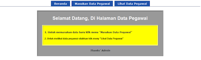 tampilan depan aplikasi penyimpanan data pegawai