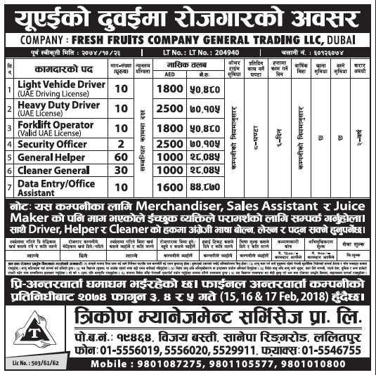 Jobs in Dubai, UAE for Nepali, Salary Rs 70,105