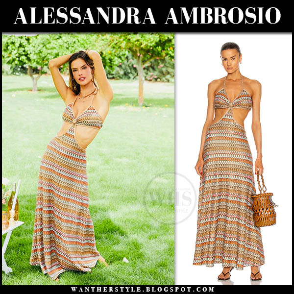 Alessandra Ambrosio in cut-out striped knit maxi dress