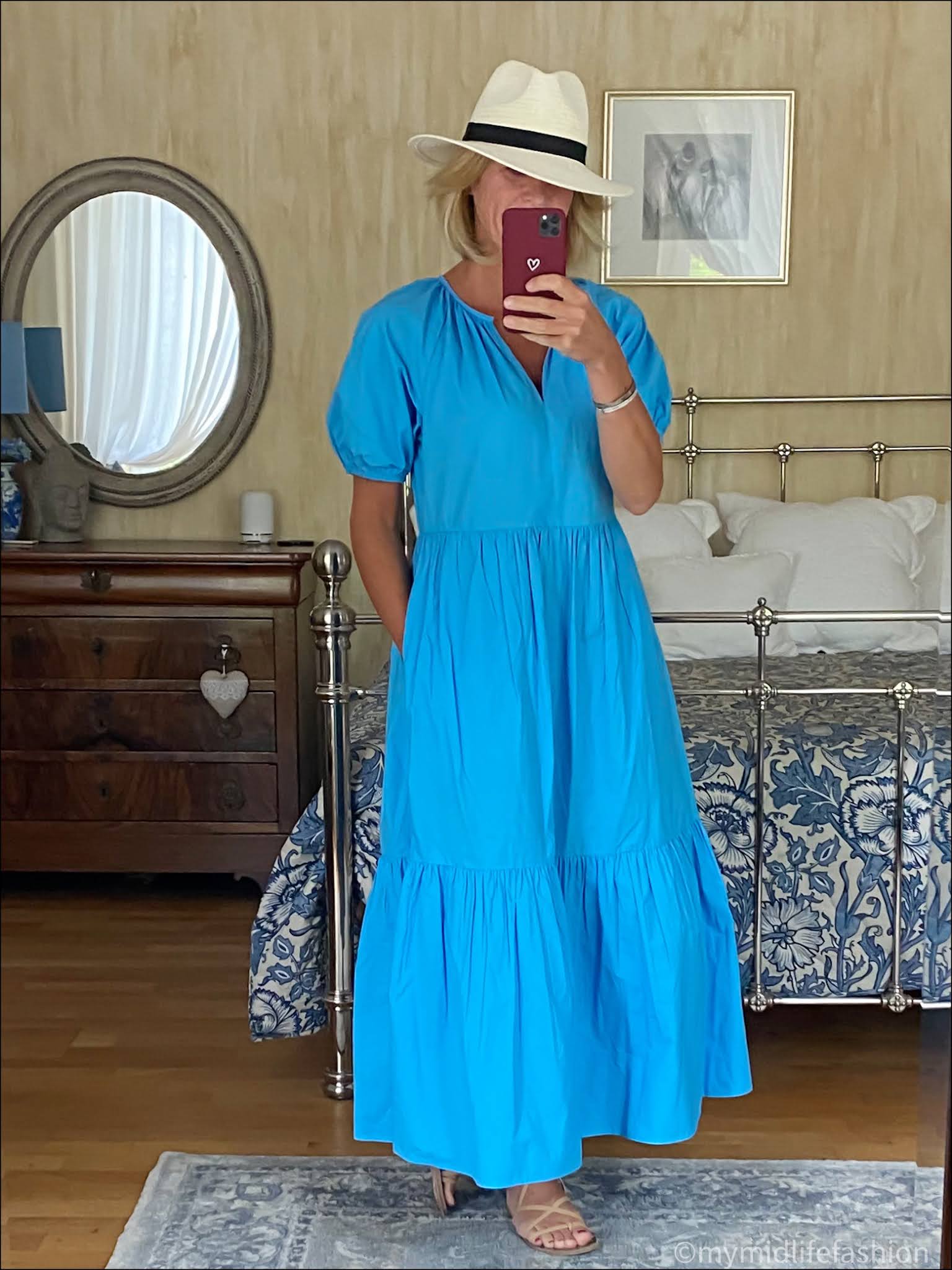 my midlife fashion, Zara Panama hat, Ancient Greek leather wrap around sandals, Great Plains crisp cotton tiered dress