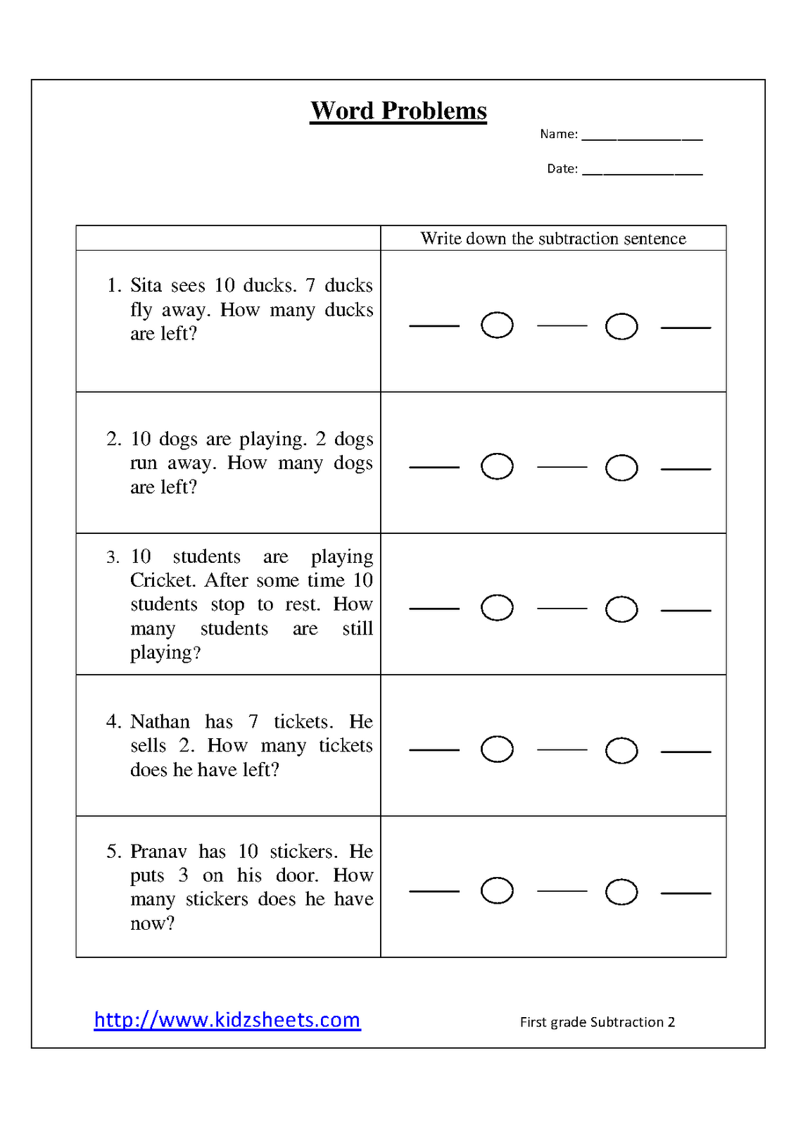 Kidz Worksheets: First Grade Word Problems2