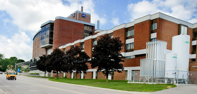 Orillia Soldier's Memorial Hospital showing the completed Community Tower and the outdoor 3rd floor patio