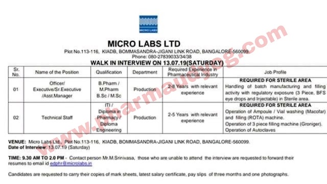 Micro Labs | Walk-in interview for Production | 13 July 2019 | Bangalore