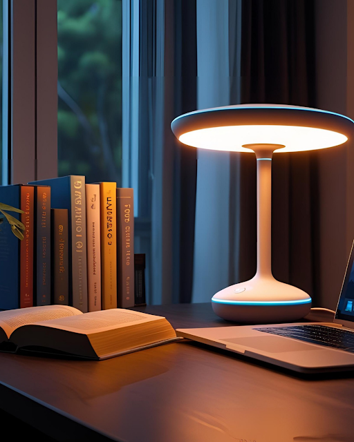 Study Lamp Smart lamp on a desk glowing next to laptop	AI-powered study lamp auto adjusting brightness for students