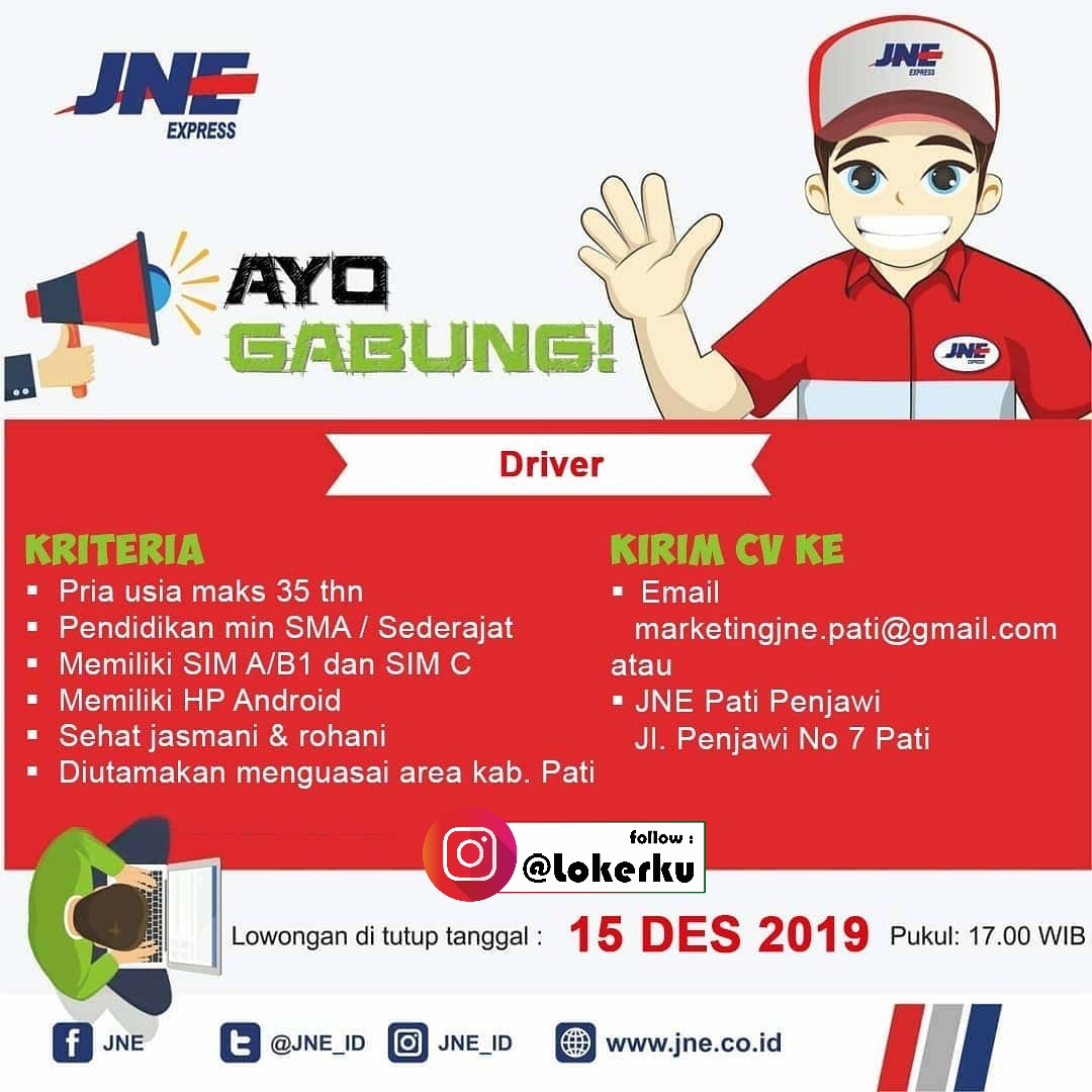 Loker JNE Pati membuka kesempatan bagi kalian yang ingin bergabung menjadi keluarga besar JNE dengan posisi Rider, Driver, Staff Admin, & Courier Pickup