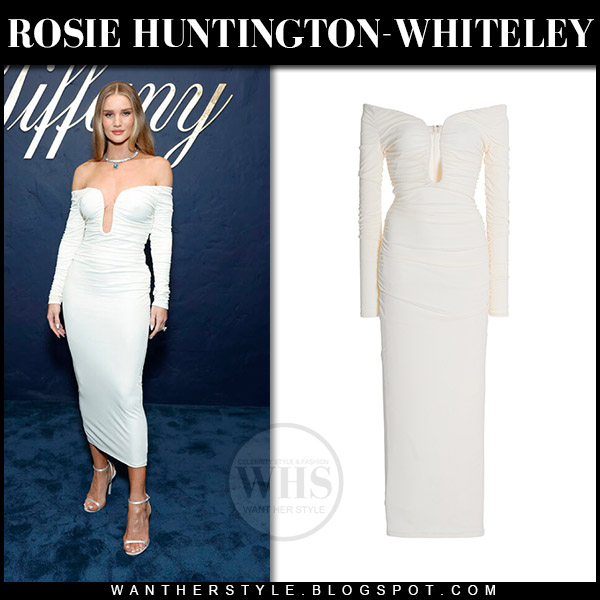 Rosie Huntington-Whiteley in white off shoulder midi dress
