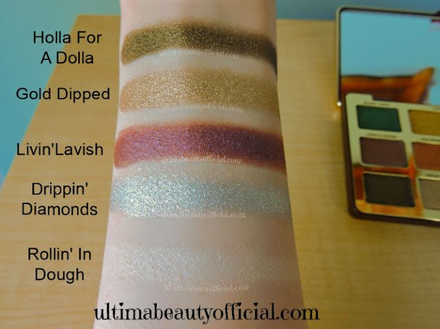 Swatches of last five eyeshadow shades from Too Faced Chocolate Gold Palette on Ultima Beauty's arm. Captions read: "Holla for a Dolla", "Gold Dipped", "Livin' Lavish", "Drippin' Diamonds", "Rollin' in Dough"