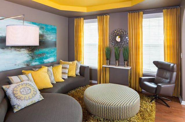 contemporary grey and yellow living room