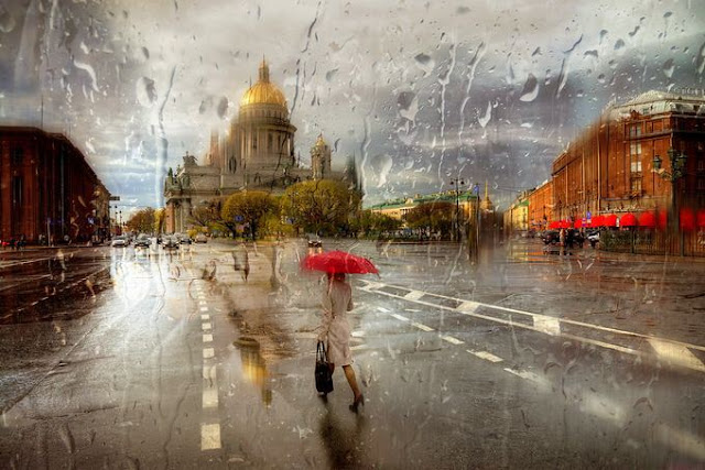 acrylic paintings of rainy cityscapes