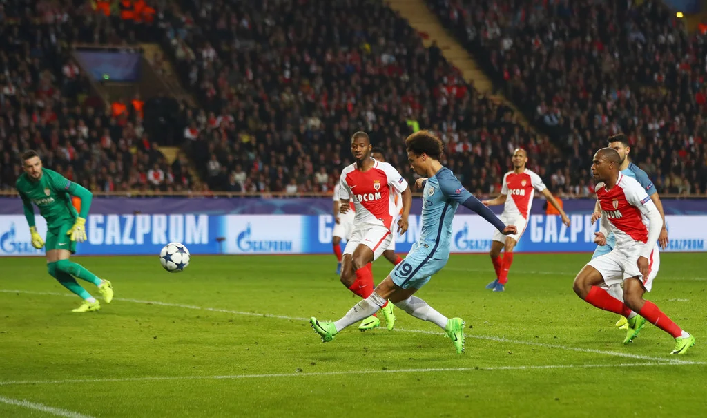 Leroy Sane of Manchester City (19) scores their first goal during the UEFA Champions League Round of 16 second leg match between AS Monaco and Manchester City FC at Stade Louis II on March 15, 2017 in Monaco, Monaco