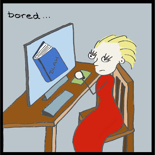 A cartoon of a woman sat by a computer screen with a book on the screen with the title Blah and the word Bored in the air above.