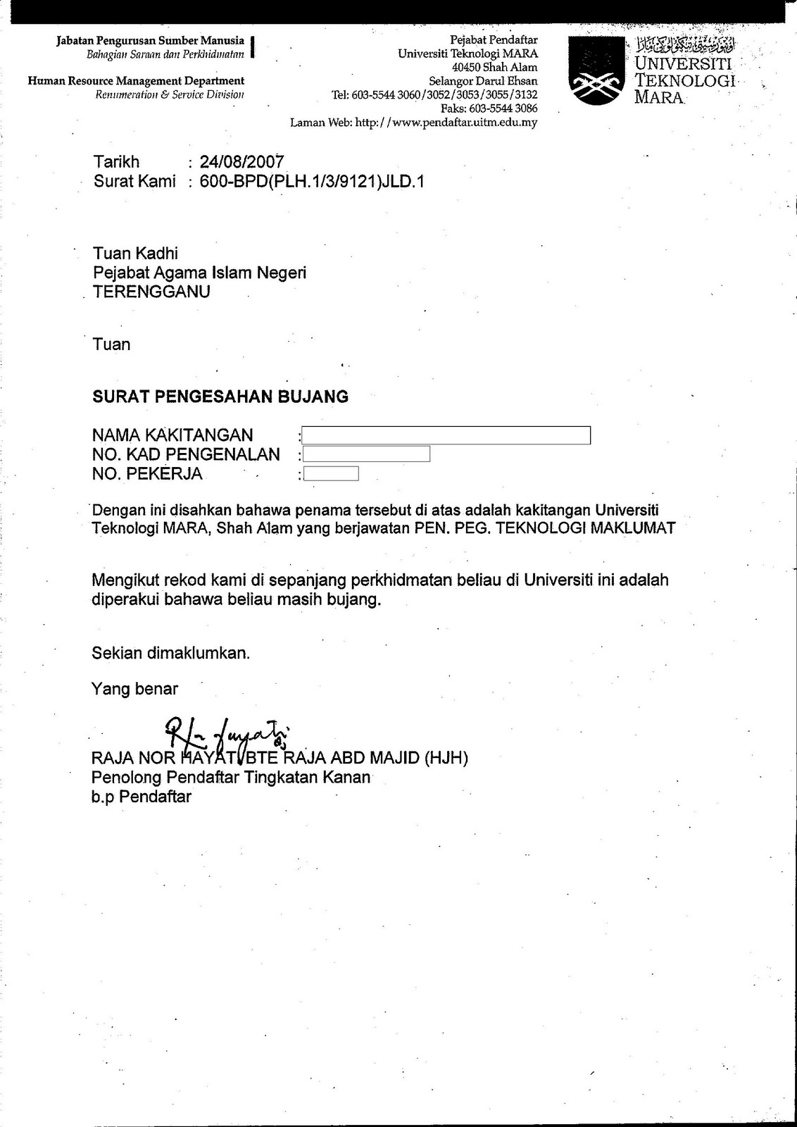 Contoh Surat Akuan Bujang Terengganu