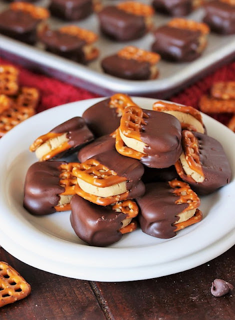 Pile of Peanut Butter Buckeye Pretzels on a Dessert Plate Image