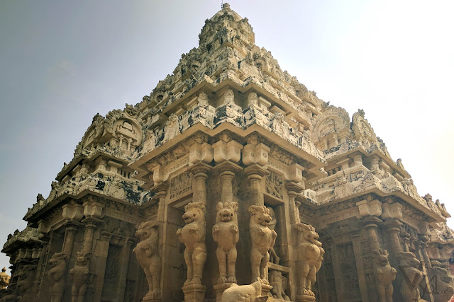 Pyramidal shaped vimana of the main shrine with supporting pillars having lions in standing pose