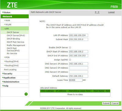 Konfigurasi IP Address dan DHCP Server ZTE F609